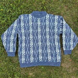 Vtg Haband For Her Pullover Knit Sweater Size L Blue White Floral Grandmacore